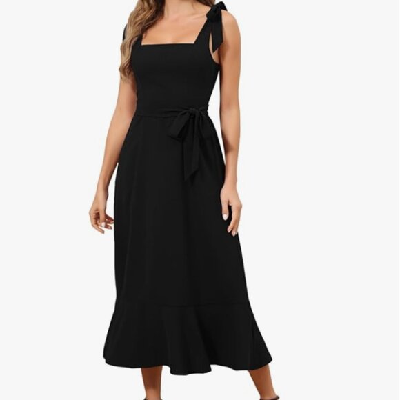 Dresses & Skirts - Black Square Neck Bow Strap Ties Midi Cocktail Dress